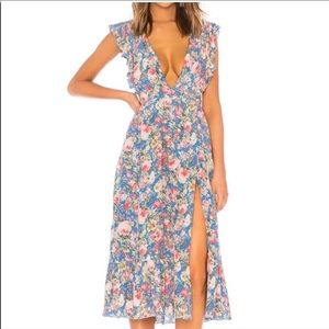Marjorelle mistwood blue floral midi wrap dress
